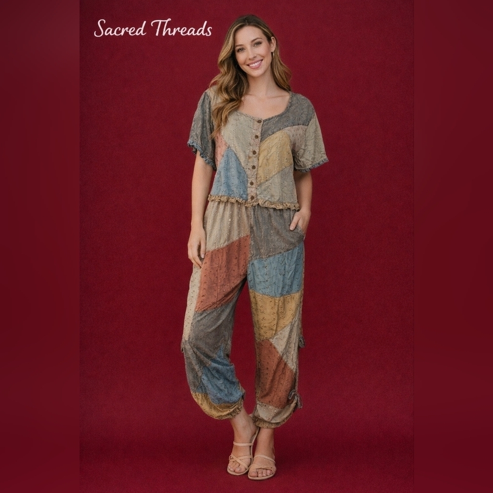 Vtg SACRED THREADS Patchwork Colorblock Embroidered Boho Hippie Pantsuit